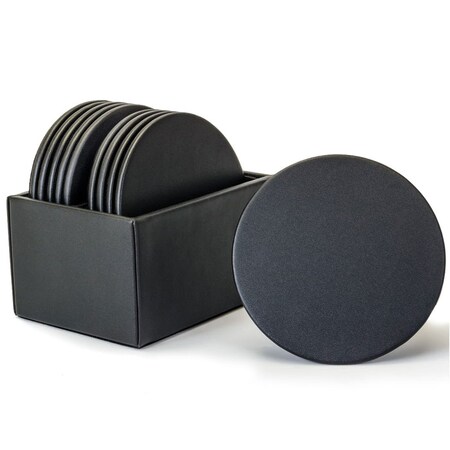 Dacasso Black Leather 10 Round Coaster Set with Holder AG-1035